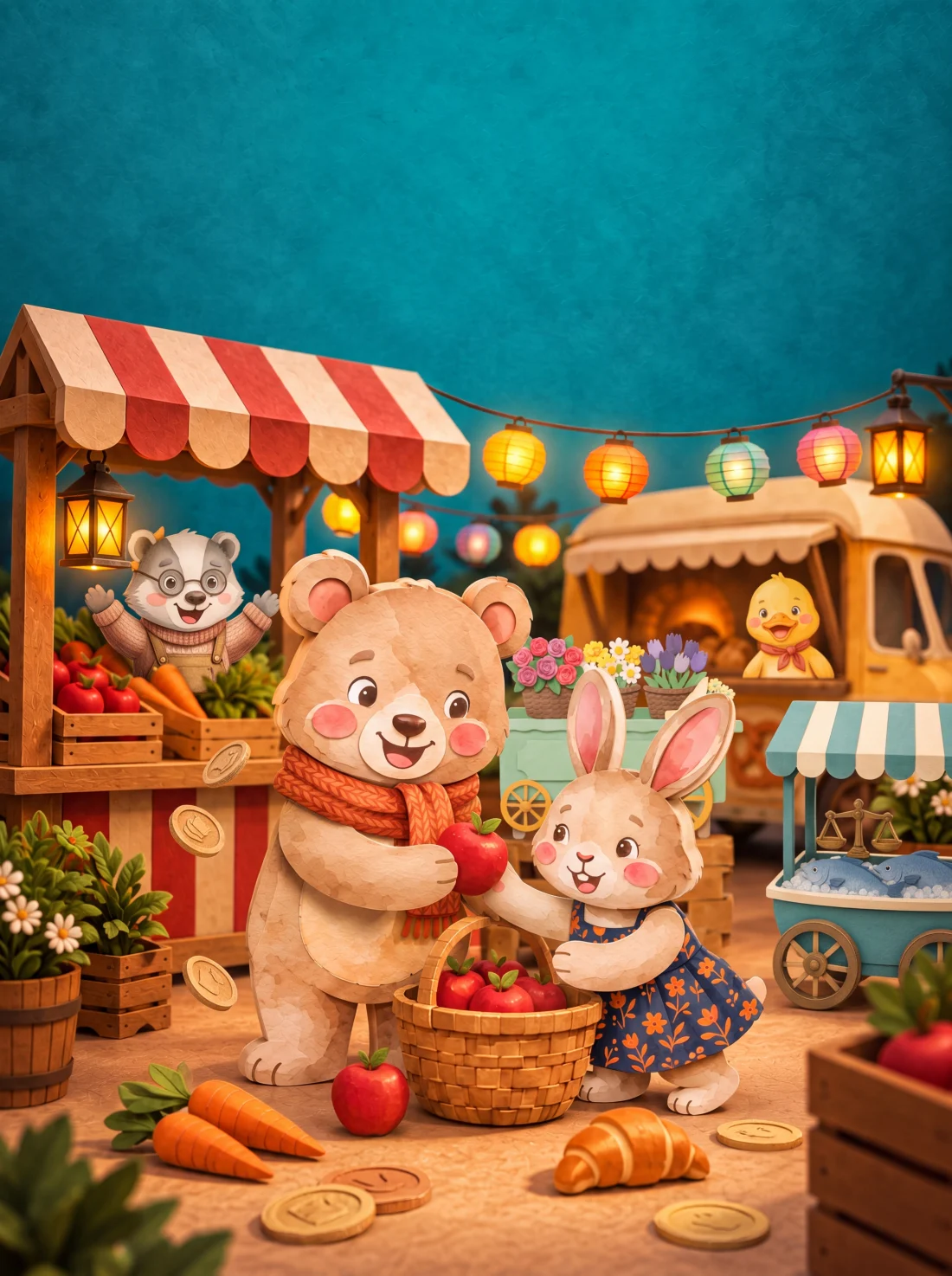 Paper animal characters sharing apples at LumiNest: Kids Math
